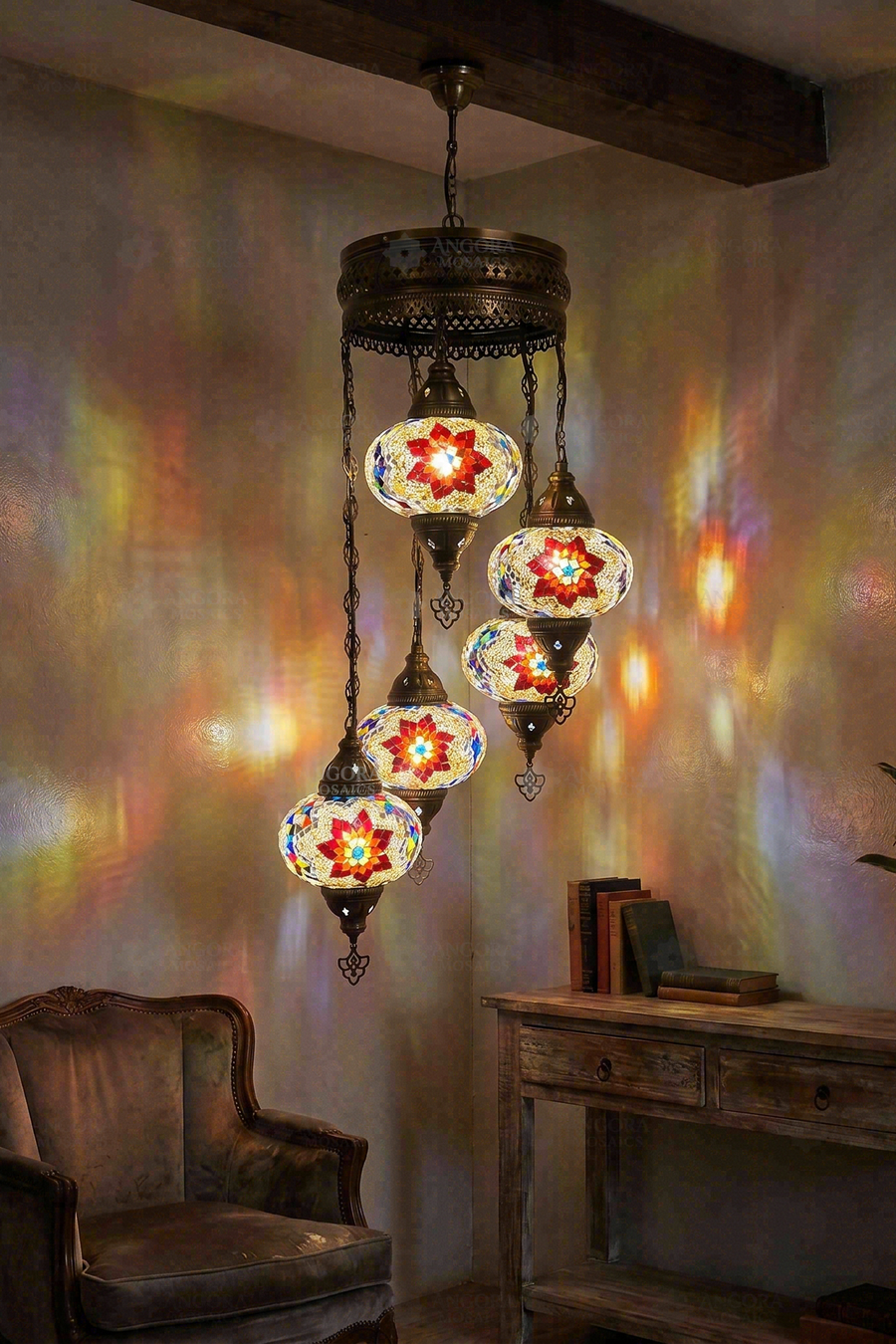 Multicolor 5-Globe Spiral Chandelier