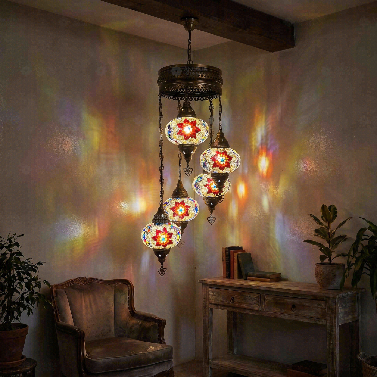 Multicolor multicolor jewel Turkish mosaic chandelier in styled room — handmade Moroccan chandelier (HLZ5N3 (3007))