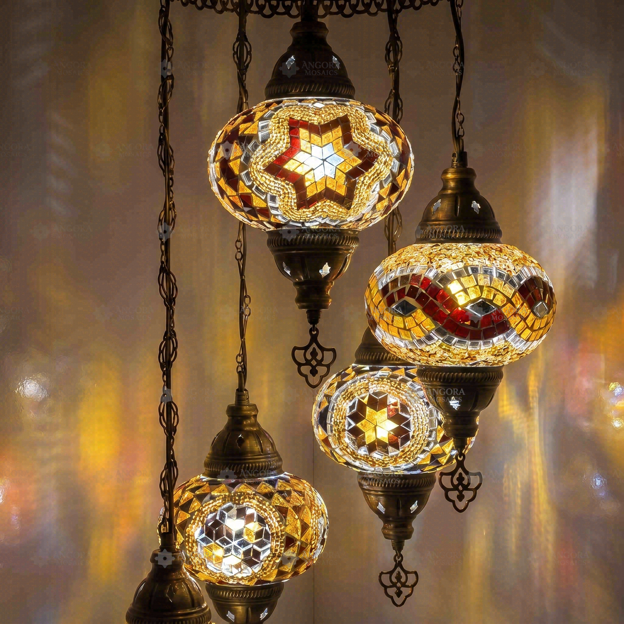 Lit close-up of mosaic glass globe — Warm Tones chandelier glowing (HLZ5N3 (63-64-67-88-89))
