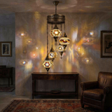 Warm Tones mixed warm Turkish mosaic chandelier in styled room — handmade Moroccan chandelier (HLZ5N3 (63-64-67-88-89))