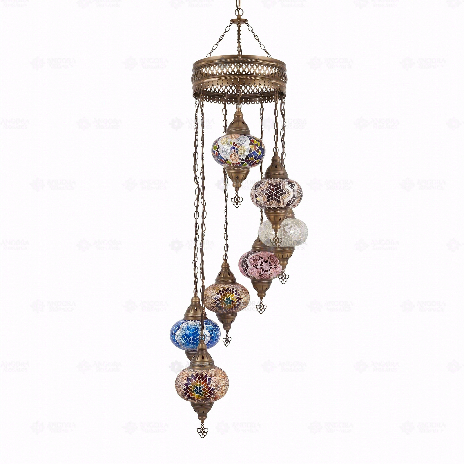 Full view of handmade Multicolor multicolor jewel Turkish mosaic chandelier on white background (HLZ7N3 (08-15-16-17-18-18-91))