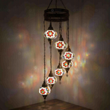 Multicolor Turkish mosaic chandelier illuminated, showing colorful light projection (HLZ7N3 (3007))