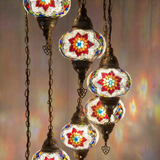 Lit close-up of mosaic glass globe — Multicolor chandelier glowing (HLZ7N3 (3007))
