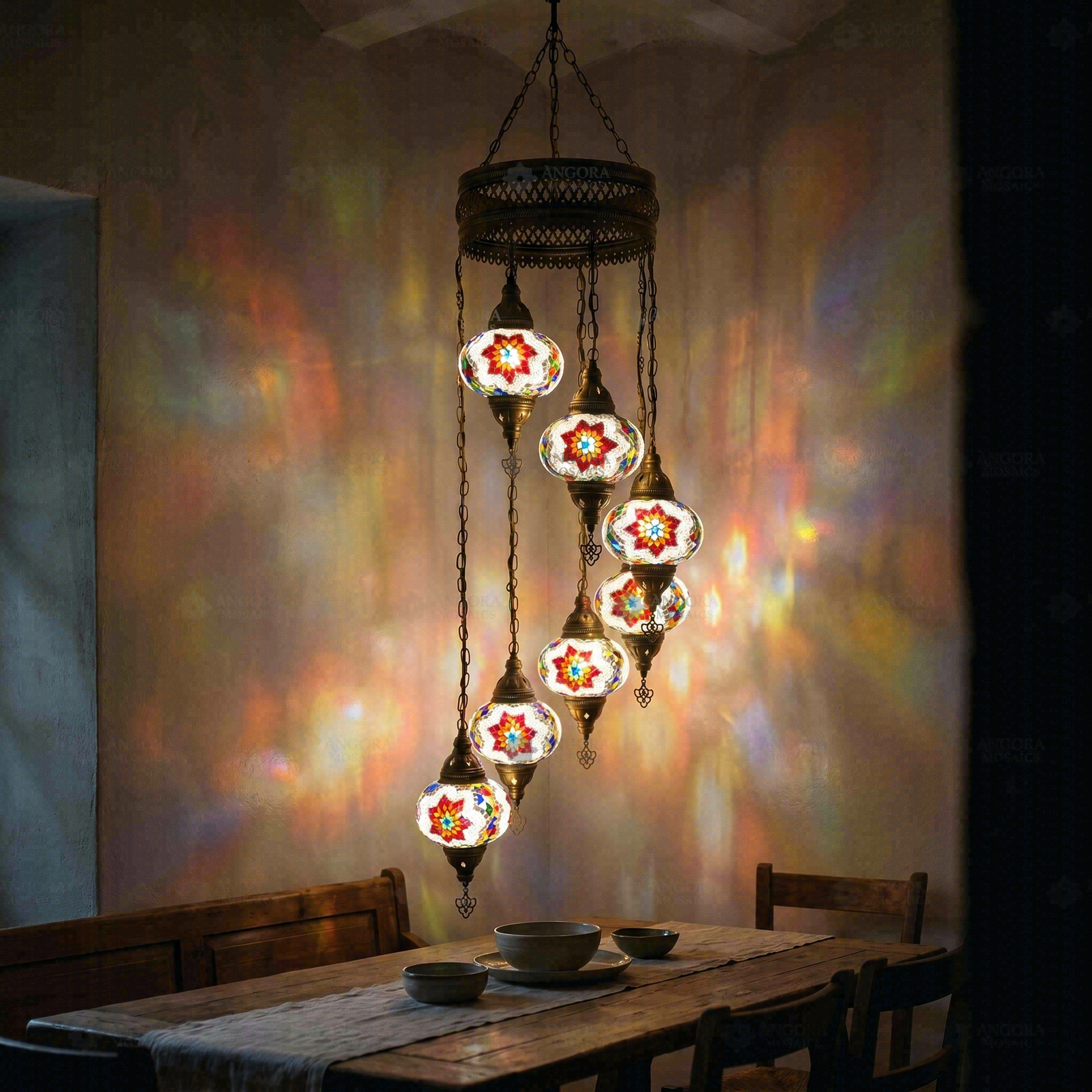 Multicolor multicolor jewel Turkish mosaic chandelier in styled room — handmade Moroccan chandelier (HLZ7N3 (3007))