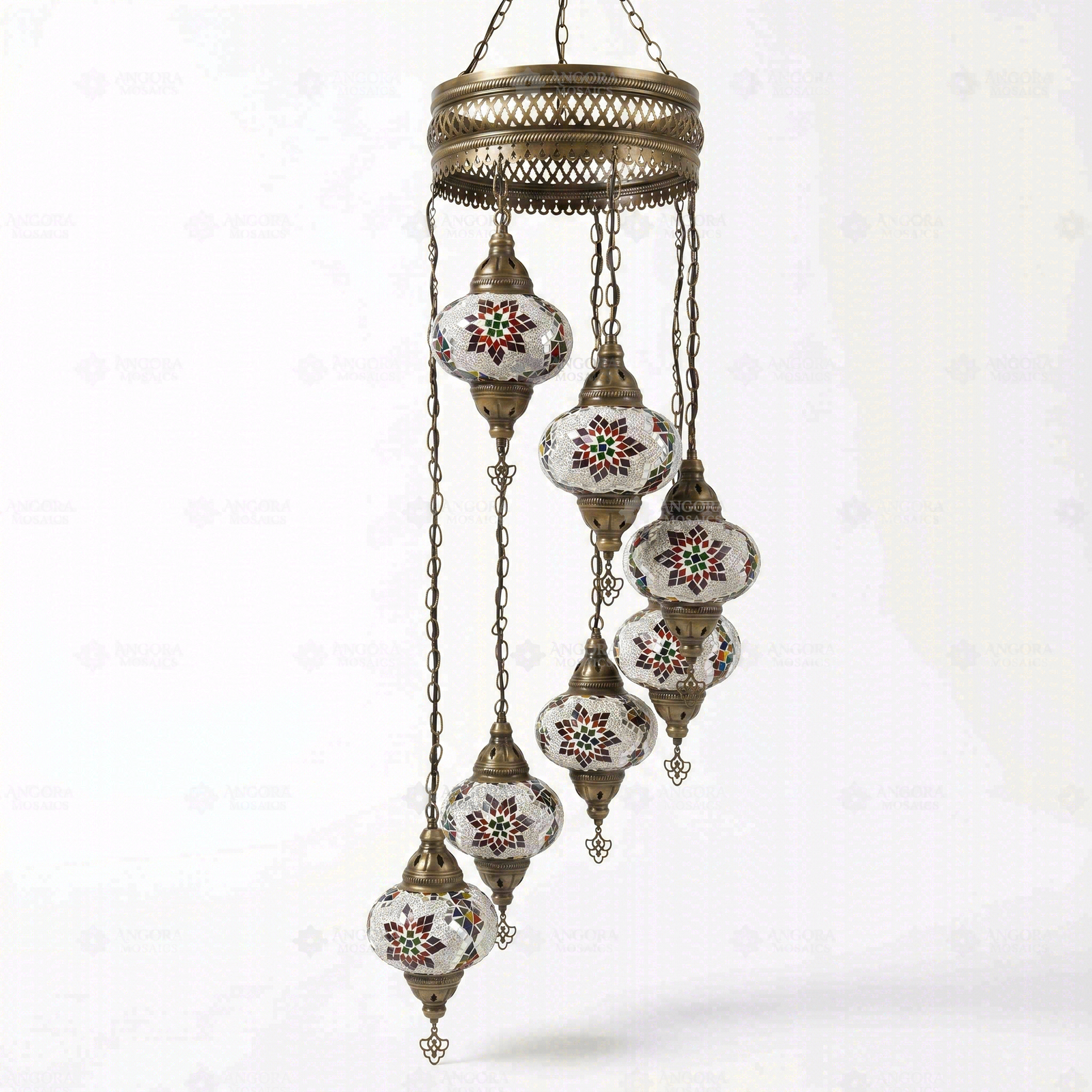 Full view of handmade Multicolor multicolor jewel Turkish mosaic chandelier on white background (HLZ7N3 (3007))