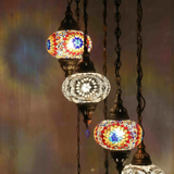 Lit close-up of mosaic glass globe — Multicolor chandelier glowing (HLZ7N3 (3018X4-3022X3))