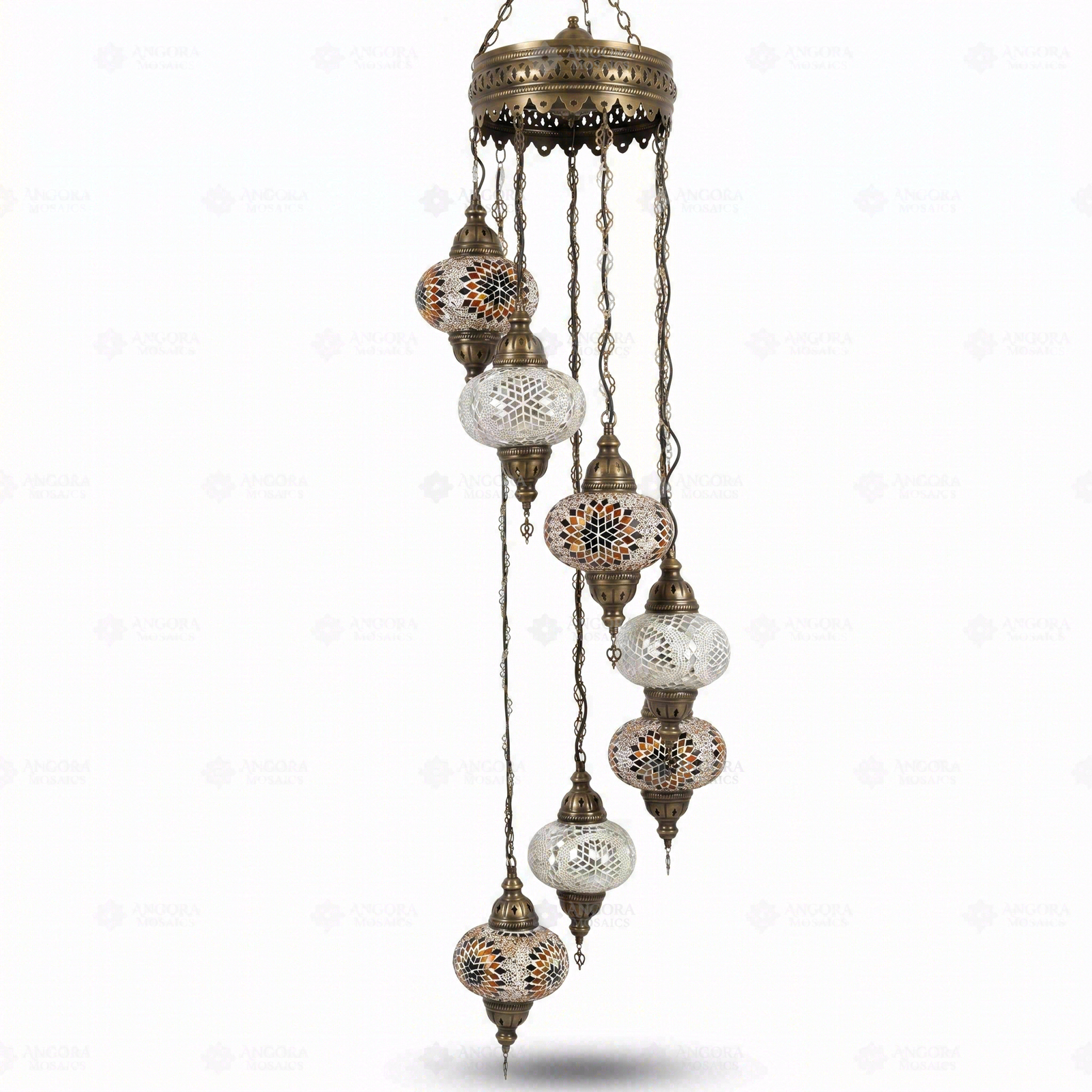 Full view of handmade Multicolor multicolor jewel Turkish mosaic chandelier on white background (HLZ7N3 (3018X4-3022X3))