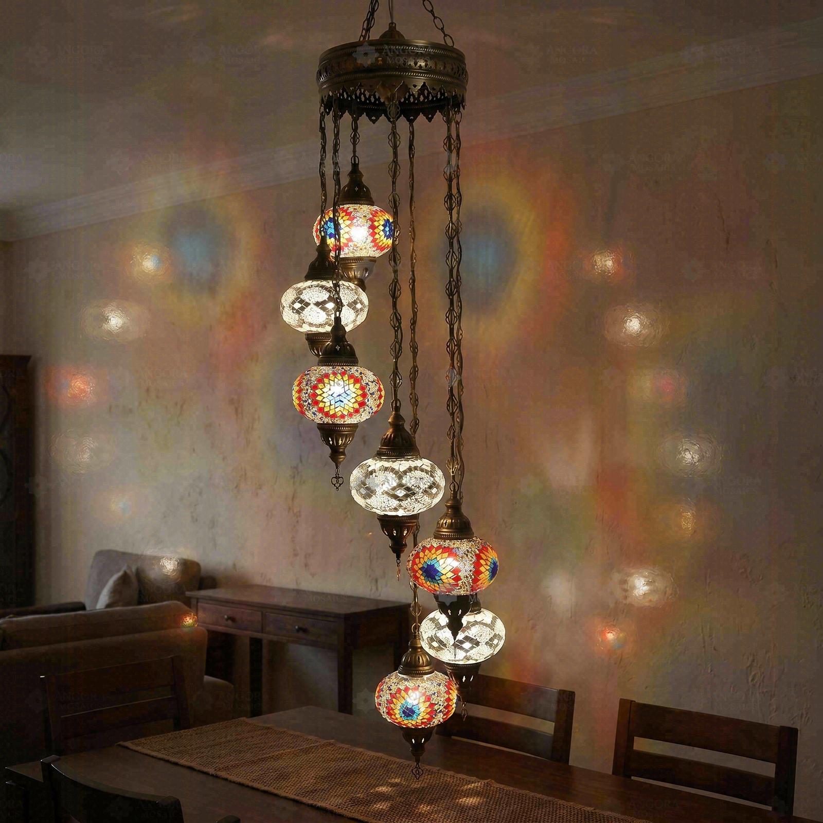 Warm Tones mixed warm Turkish mosaic chandelier in styled room — handmade Moroccan chandelier (HLZ7N3 (3018X4-3068X3))