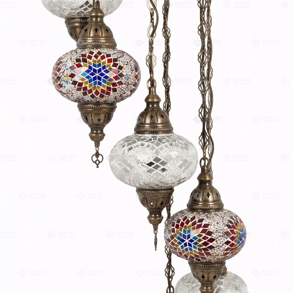 Multicolor 7-Globe Spiral Chandelier, close-up of the mosaic glass