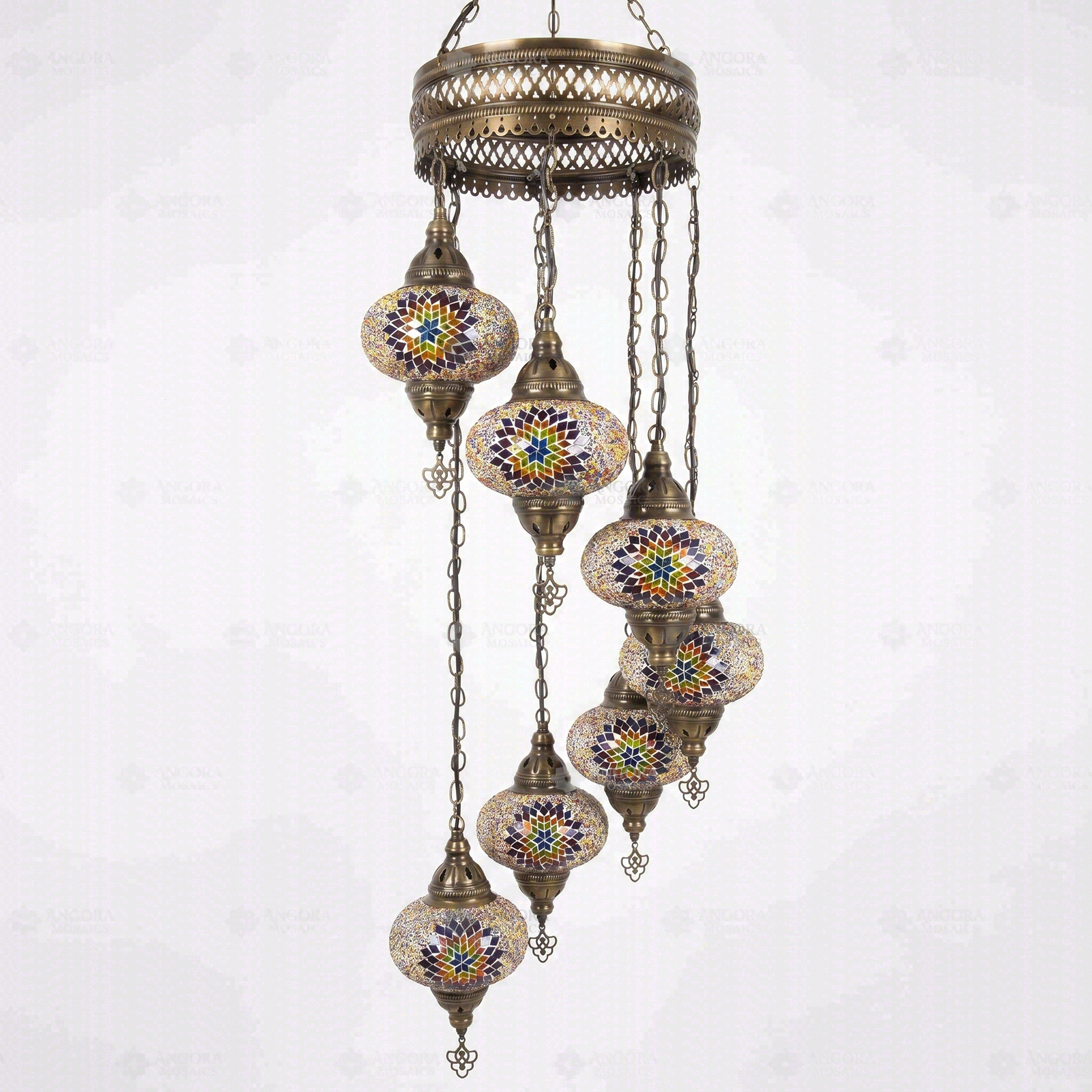 Full view of handmade Multicolor multicolor jewel Turkish mosaic chandelier on white background (HLZ7N3 (3018))