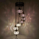 Cool Tones Turkish mosaic chandelier illuminated, showing colorful light projection (HLZ7N3 (3019X4-3043X3))