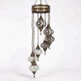 Full view of handmade Cool Tones mixed cool Turkish mosaic chandelier on white background (HLZ7N3 (3019X4-3043X3))