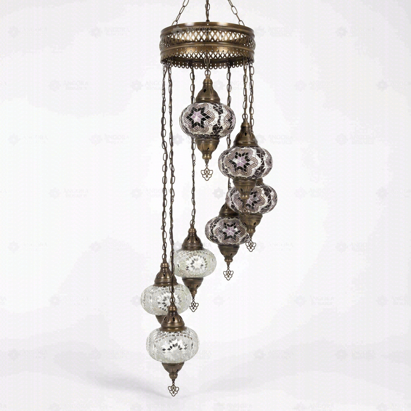 Full view of handmade Cool Tones mixed cool Turkish mosaic chandelier on white background (HLZ7N3 (3019X4-3043X3))