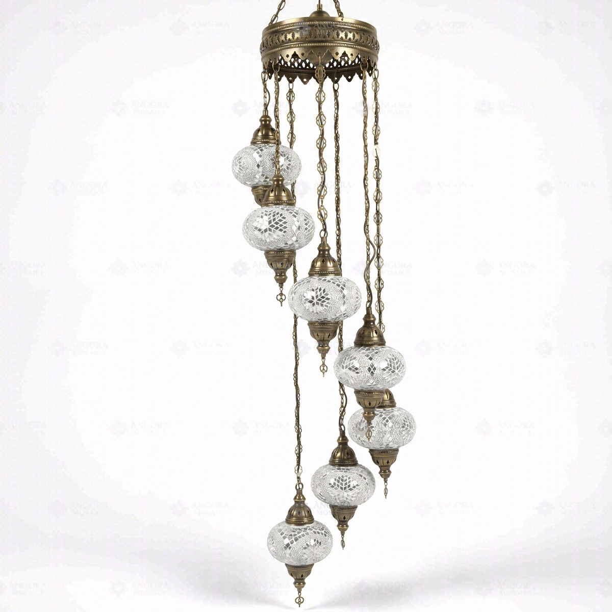 White 7-Globe Spiral Chandelier, switched off, on a white background