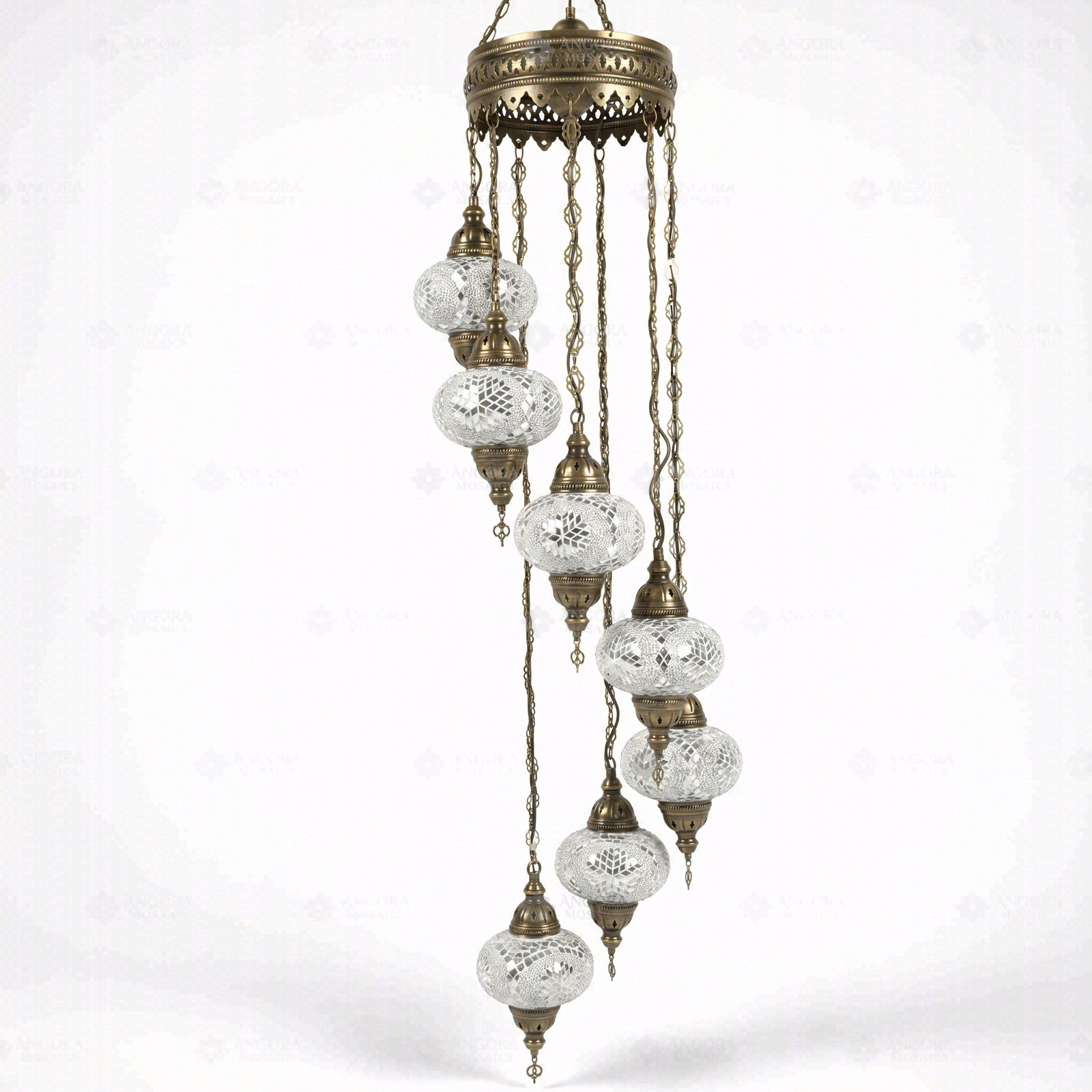 Full view of handmade White white glow Turkish mosaic chandelier on white background (HLZ7N3 (3022))