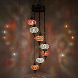 Warm Tones Turkish mosaic chandelier illuminated, showing colorful light projection (HLZ7N3 (3056X4-3022X3))