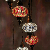 Lit close-up of mosaic glass globe — Warm Tones chandelier glowing (HLZ7N3 (3056X4-3022X3))