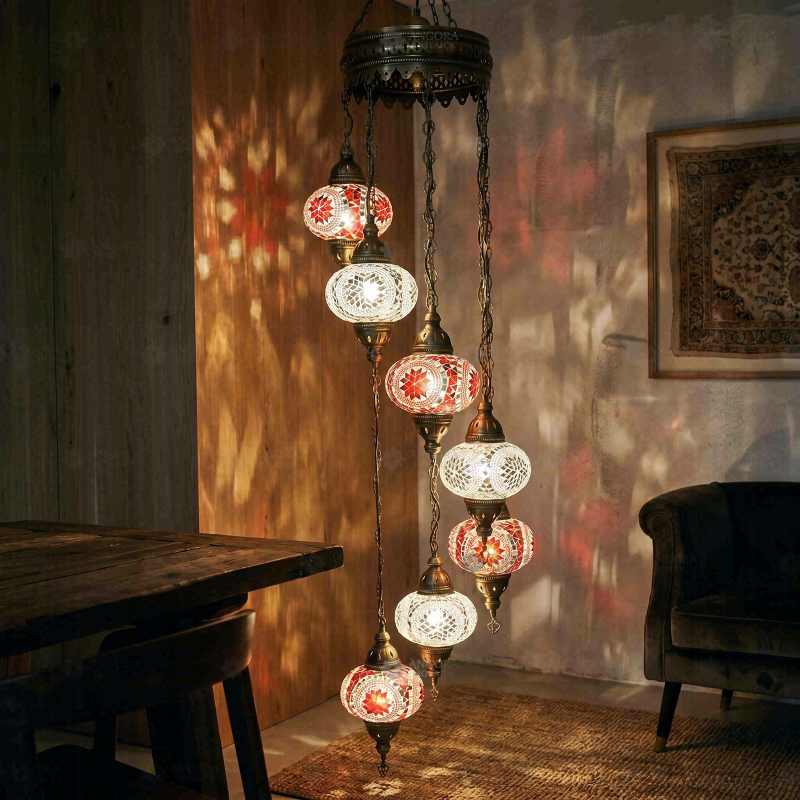 Warm Tones mixed warm Turkish mosaic chandelier in styled room — handmade Moroccan chandelier (HLZ7N3 (3056X4-3022X3))