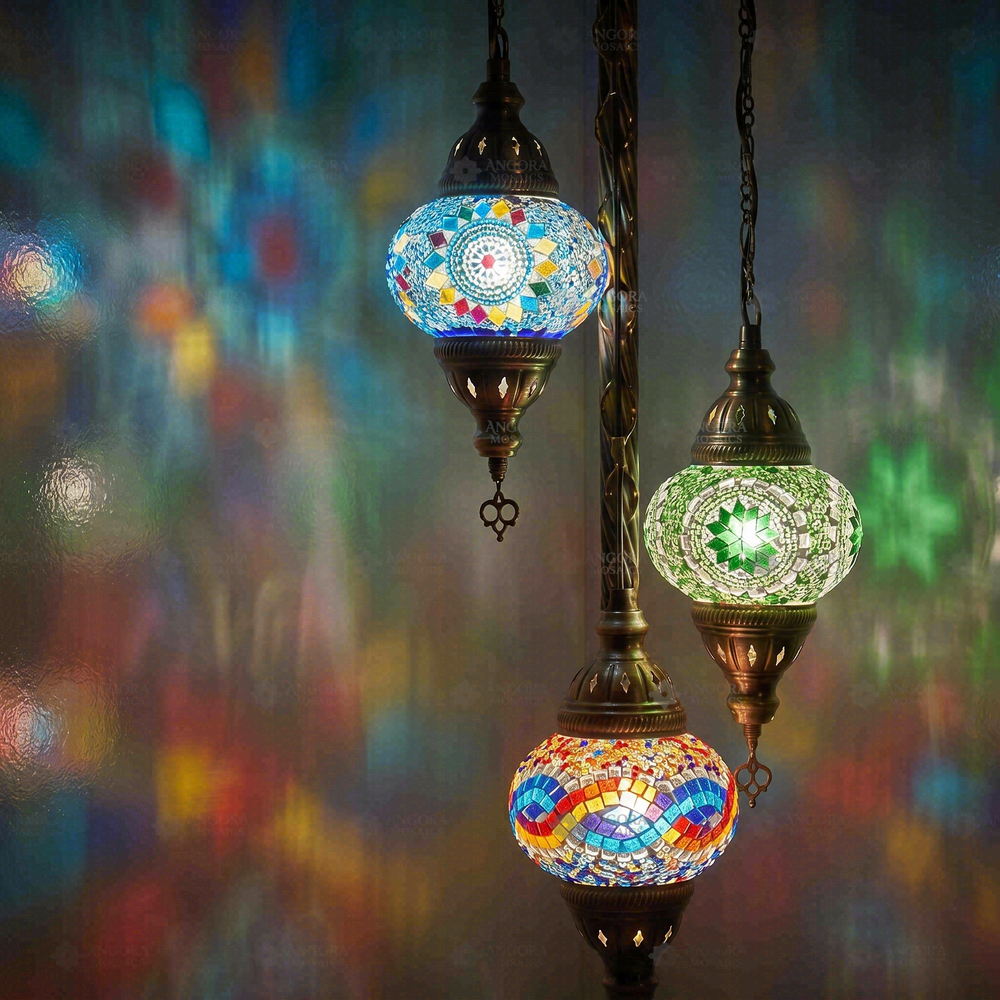 Multicolor 3-Globe Floor Lamp, close-up of the lit glass
