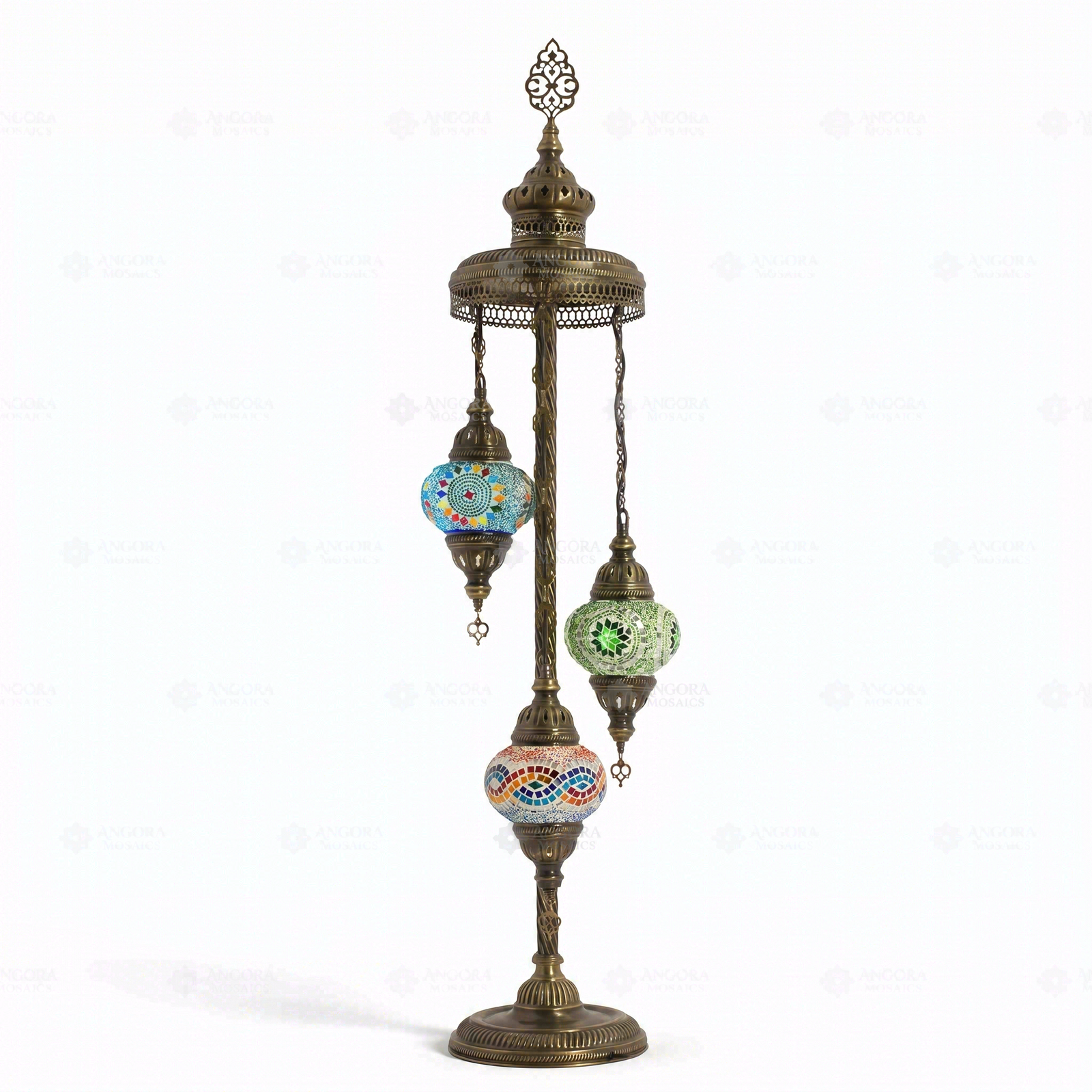 Full view of handmade Multicolor multicolor jewel Turkish mosaic floor lamp on white background (LMD3N3 (02-06-50))
