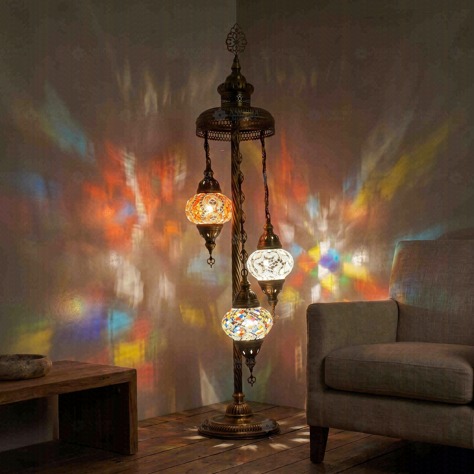 Warm Tones mixed warm Turkish mosaic floor lamp in styled room — handmade Moroccan floor lamp (LMD3N3 (02-10-15))