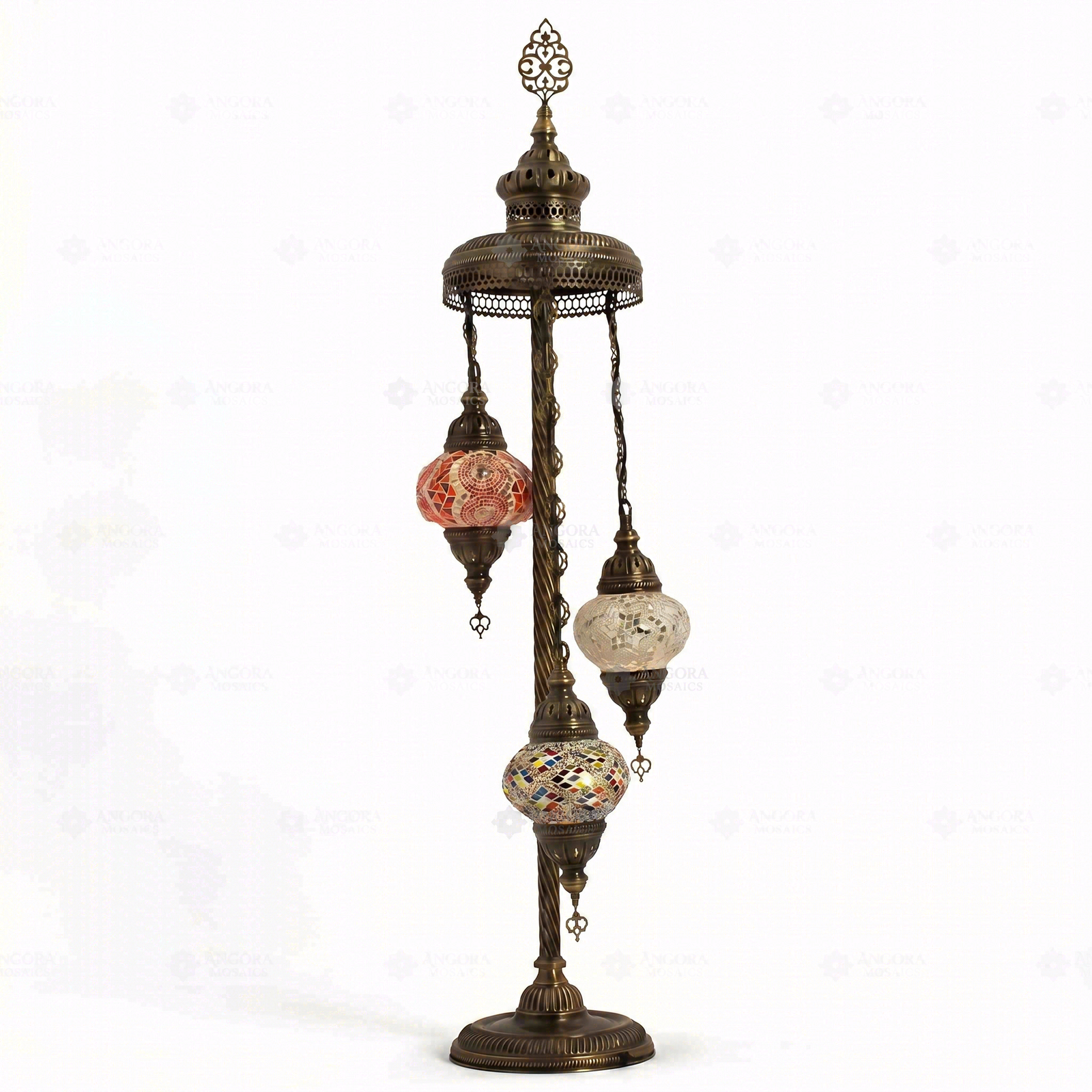 Full view of handmade Warm Tones mixed warm Turkish mosaic floor lamp on white background (LMD3N3 (02-10-15))