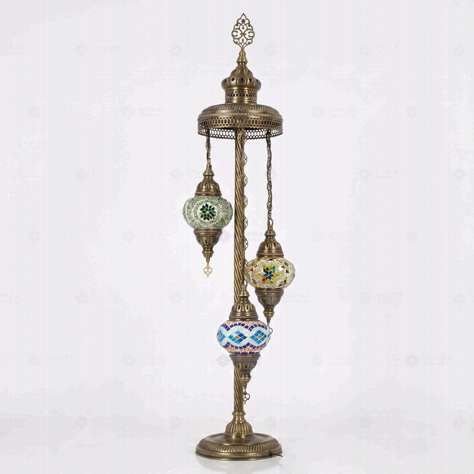 Full view of handmade Multicolor multicolor jewel Turkish mosaic floor lamp on white background (LMD3N3 (03-14-50))