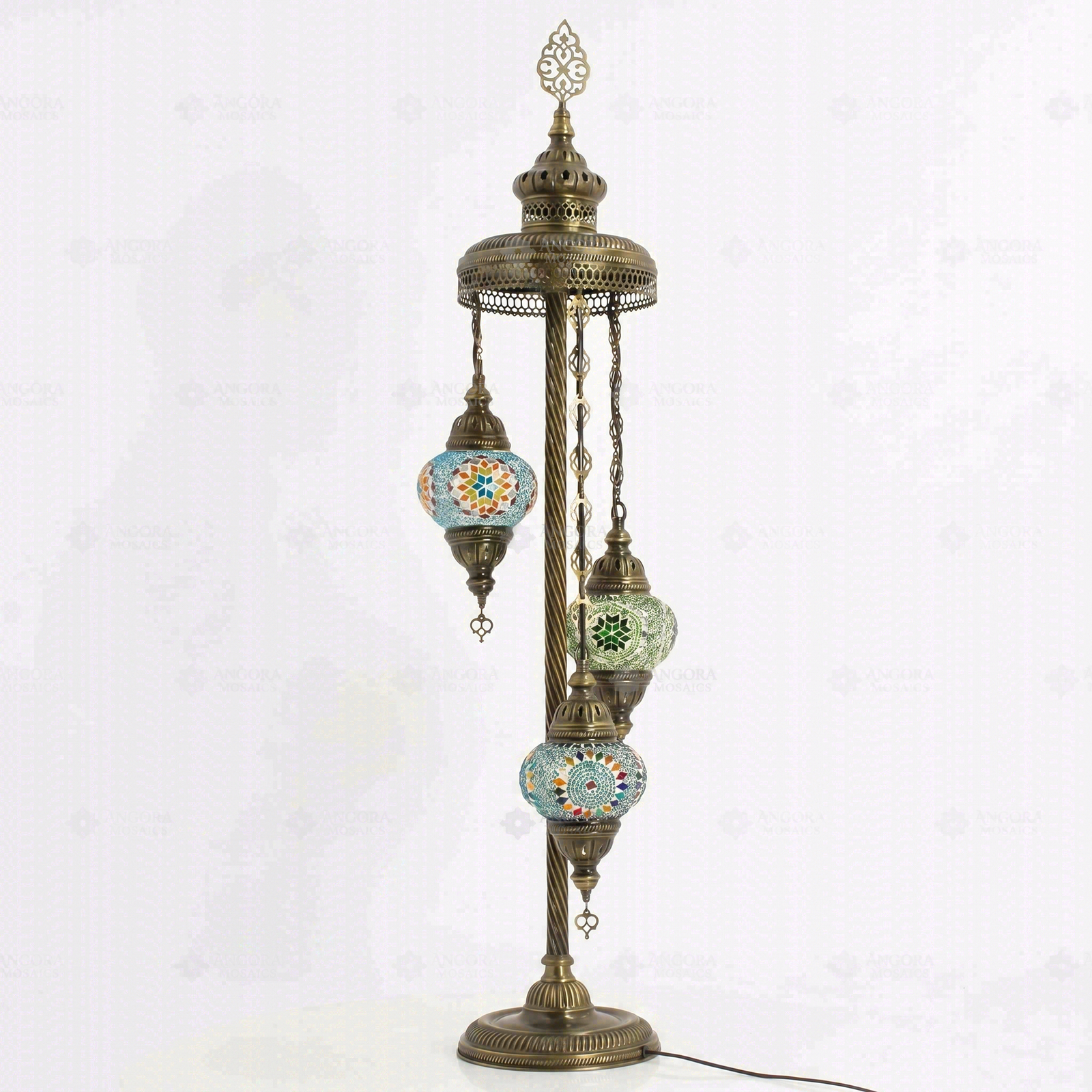 Full view of handmade Multicolor multicolor jewel Turkish mosaic floor lamp on white background (LMD3N3 (06-16-50))