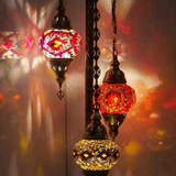 Lit close-up of mosaic glass globe — Warm Tones floor lamp glowing (LMD3N3 (08-56-57))