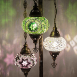 Lit close-up of mosaic glass globe — Cool Tones floor lamp glowing (LMD3N3 (12-19-50))