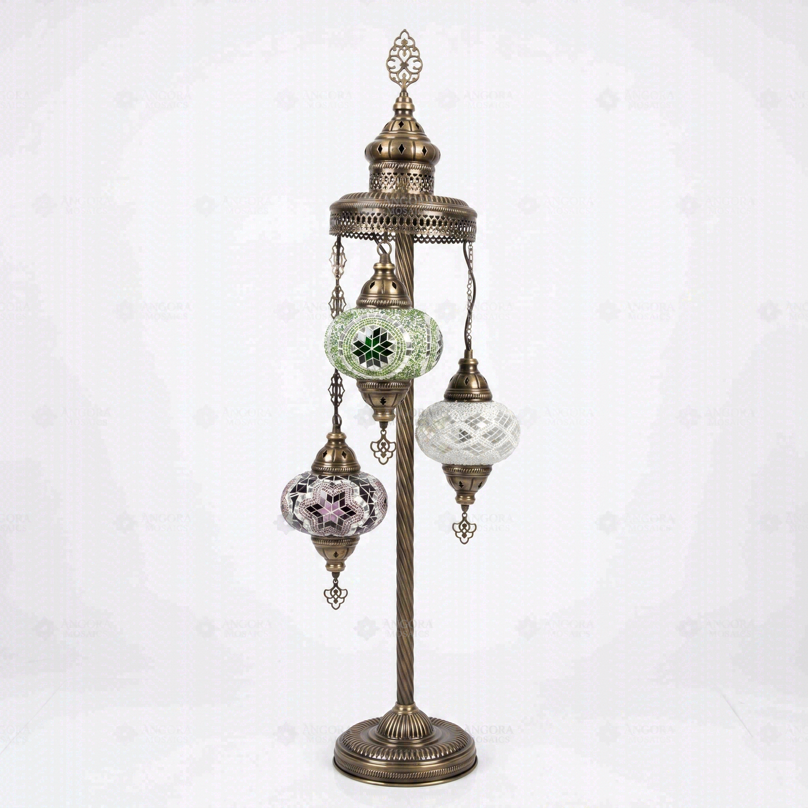 Full view of handmade Cool Tones mixed cool Turkish mosaic floor lamp on white background (LMD3N3 (12-19-50))