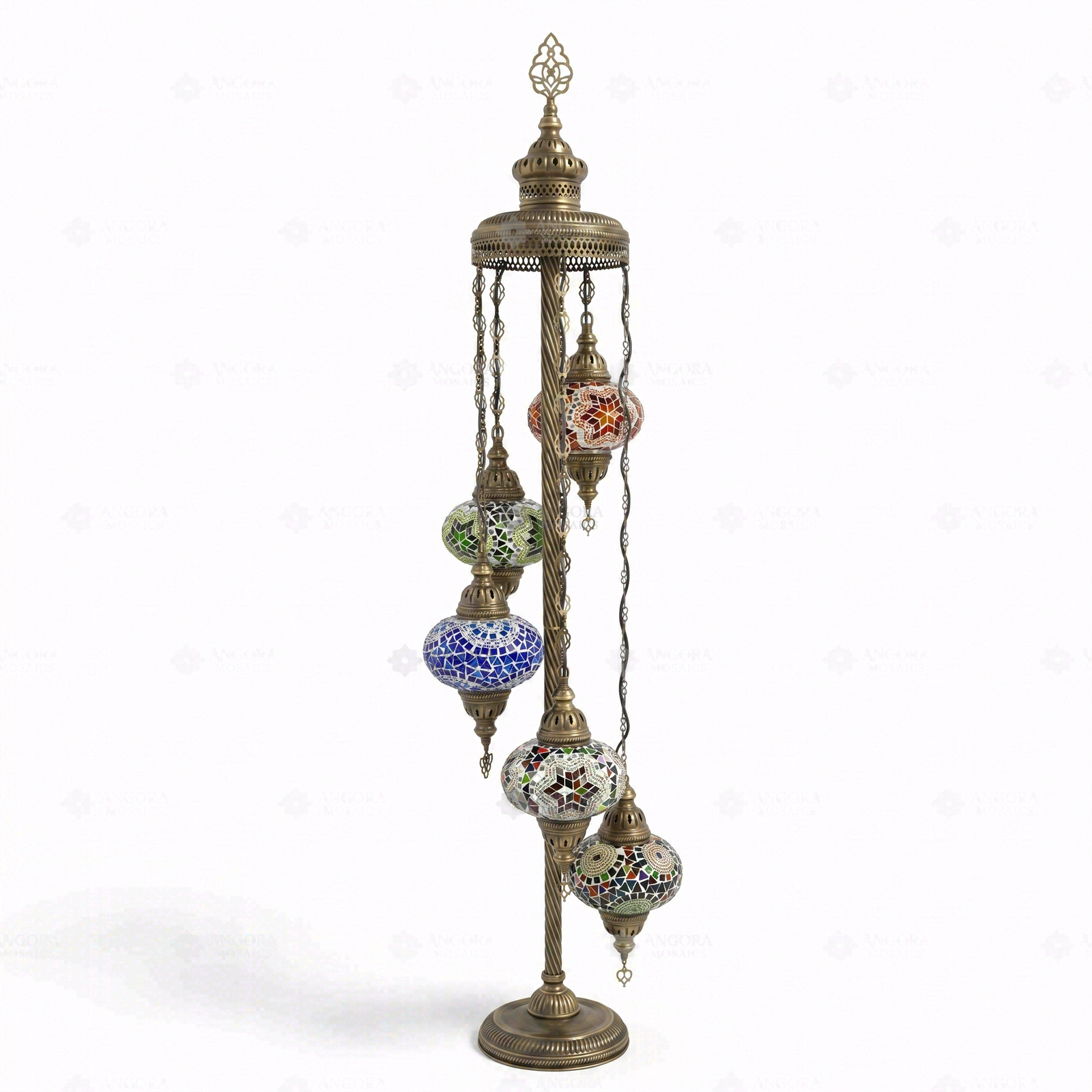 Full view of handmade Multicolor multicolor jewel Turkish mosaic floor lamp on white background (LMD5N3 (01-03-05-11-17))