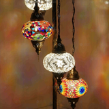 Lit close-up of mosaic glass globe — Warm Tones floor lamp glowing (LMD5N3 (01-15-18-67-68))