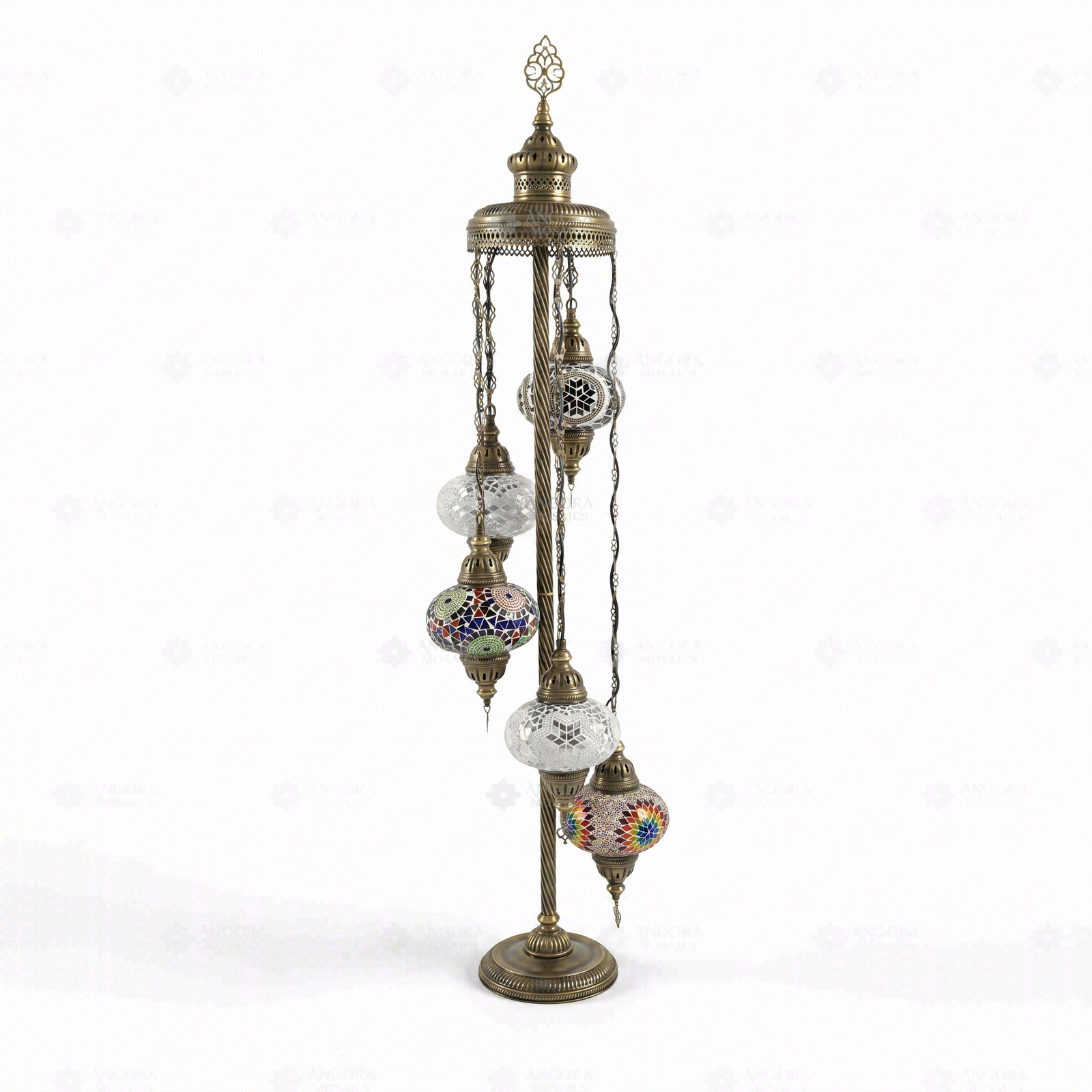 Full view of handmade Warm Tones mixed warm Turkish mosaic floor lamp on white background (LMD5N3 (01-15-18-67-68))