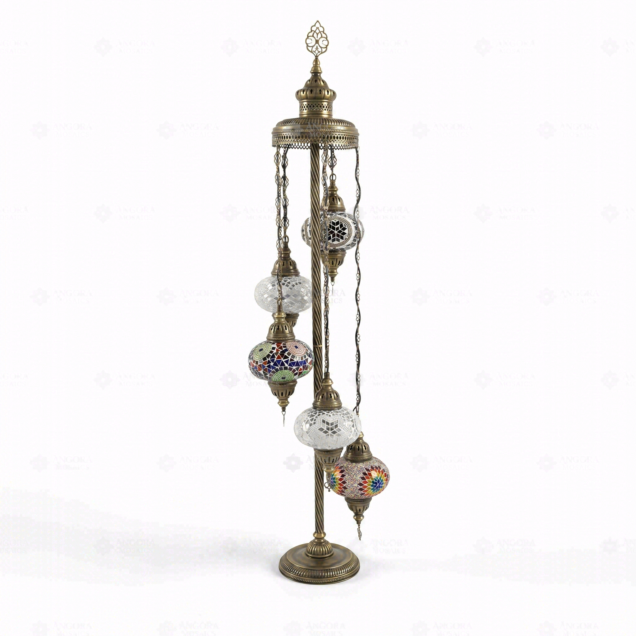 Full view of handmade Warm Tones mixed warm Turkish mosaic floor lamp on white background (LMD5N3 (01-15-18-67-68))
