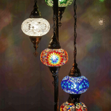 Lit close-up of mosaic glass globe — Multicolor floor lamp glowing (LMD5N3 (03-05-12-17-18))