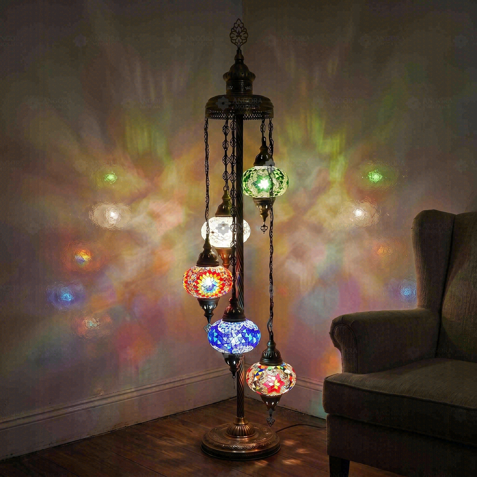 Multicolor multicolor jewel Turkish mosaic floor lamp in styled room — handmade Moroccan floor lamp (LMD5N3 (03-05-12-17-18))