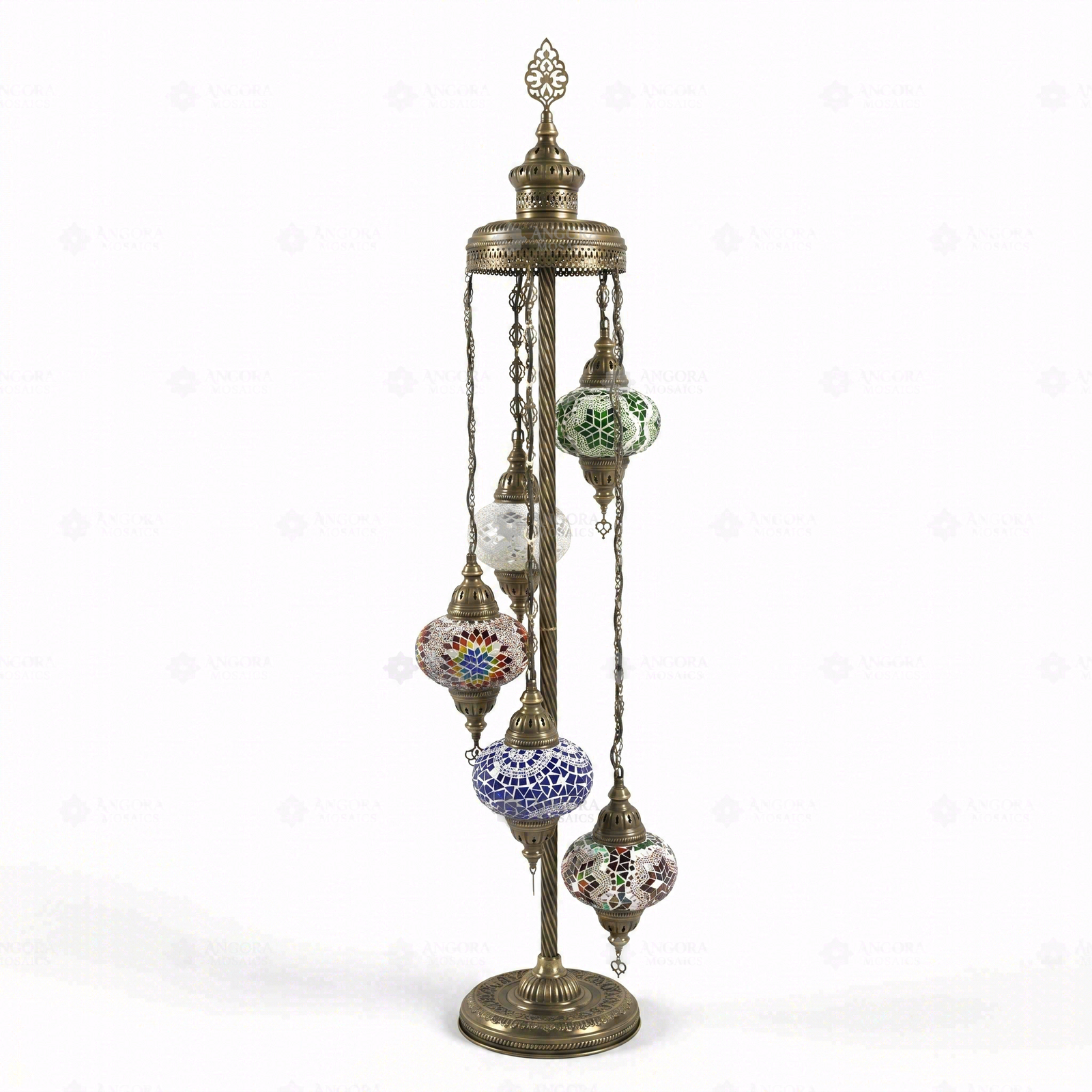 Full view of handmade Multicolor multicolor jewel Turkish mosaic floor lamp on white background (LMD5N3 (03-05-12-17-18))