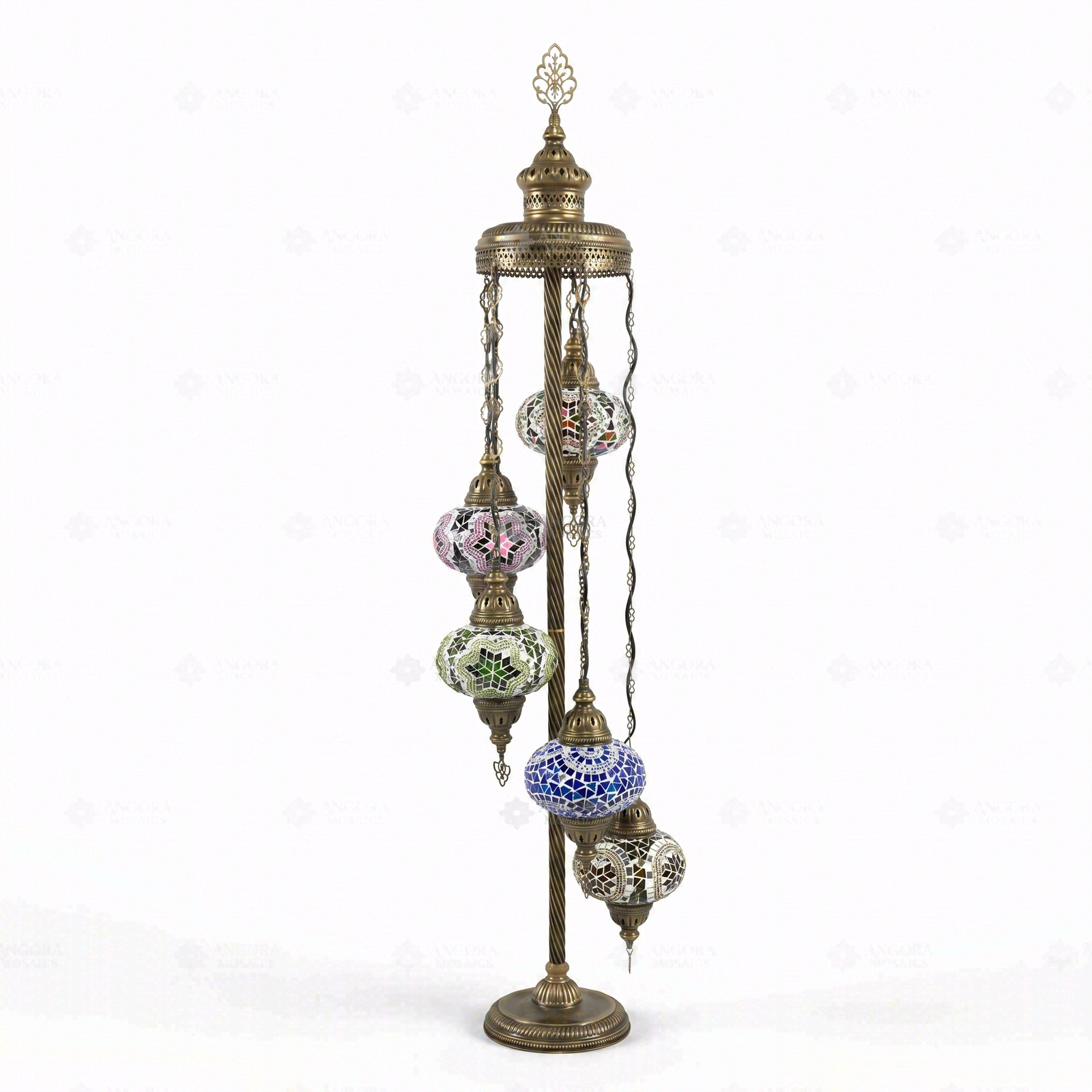 Full view of handmade Multicolor multicolor jewel Turkish mosaic floor lamp on white background (LMD5N3 (03-05-17-19-67))