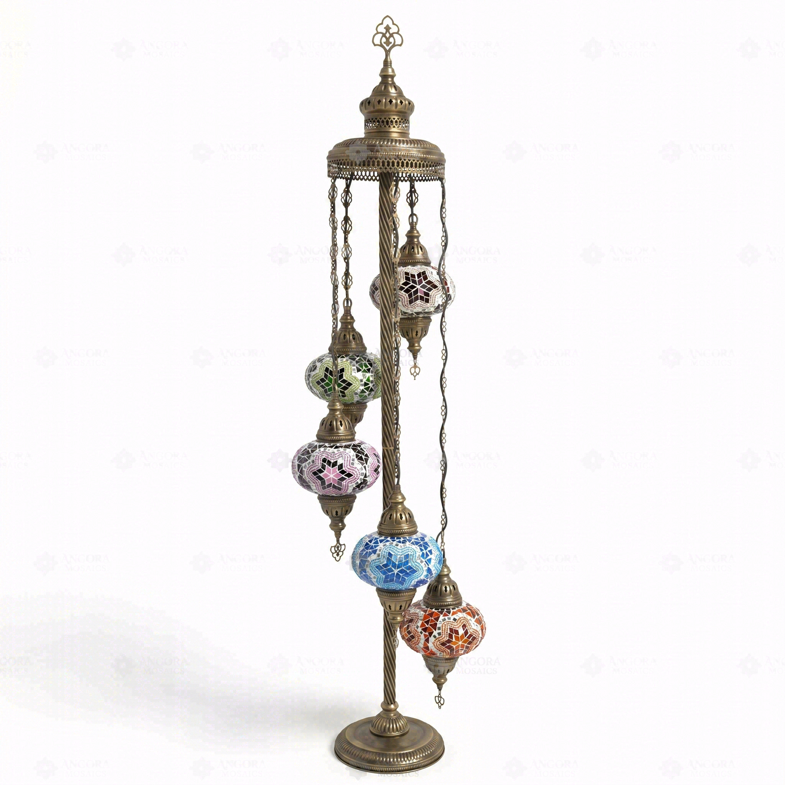 Full view of handmade Multicolor multicolor jewel Turkish mosaic floor lamp on white background (LMD5N3 (03-11-16-17-19))