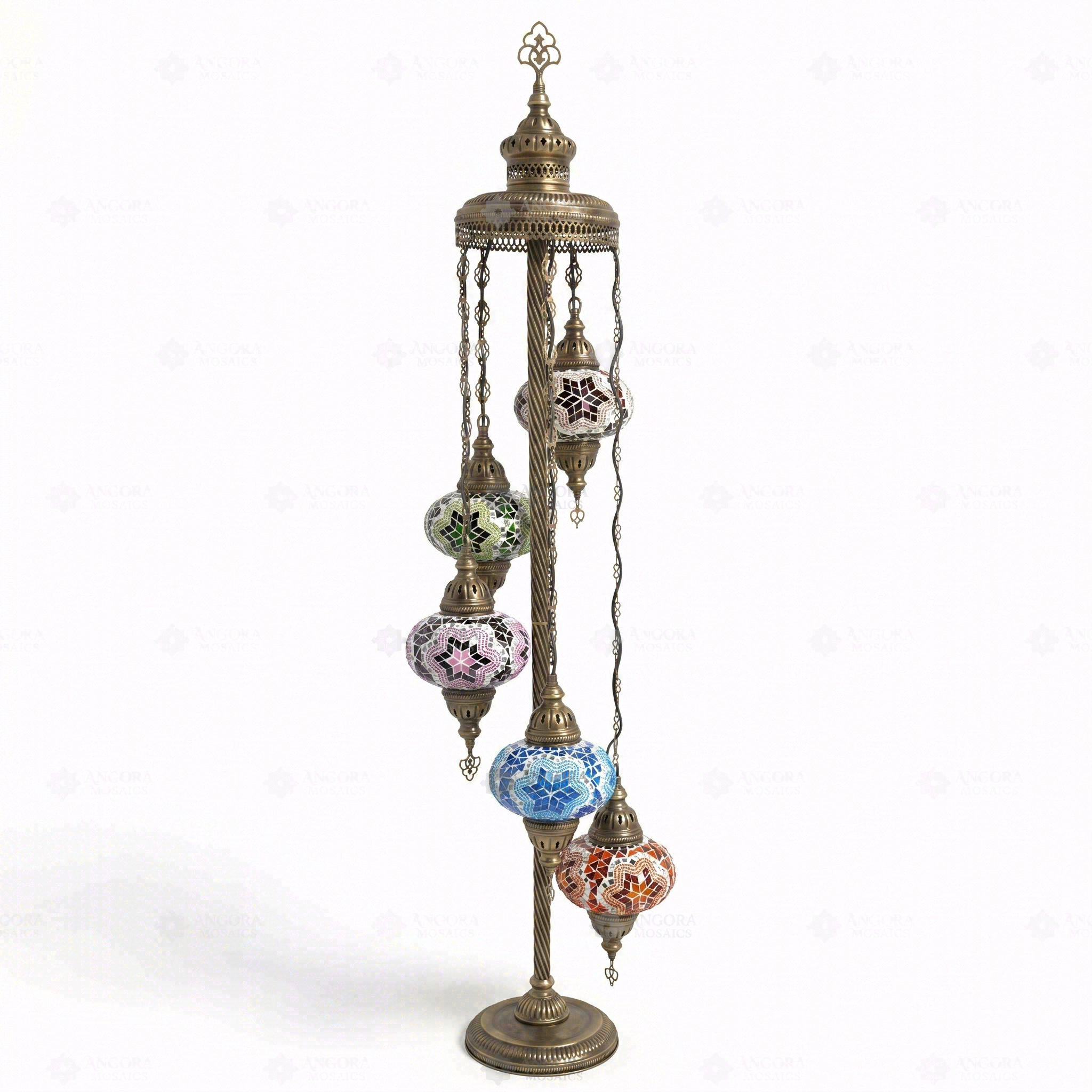 Full view of handmade Multicolor multicolor jewel Turkish mosaic floor lamp on white background (LMD5N3 (03-11-16-17-19))