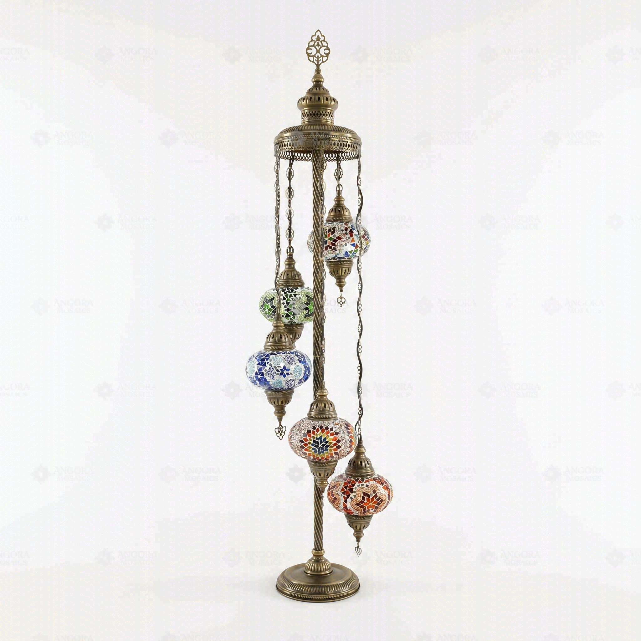 Full view of handmade Multicolor multicolor jewel Turkish mosaic floor lamp on white background (LMD5N3 (03-11-17-18-34))