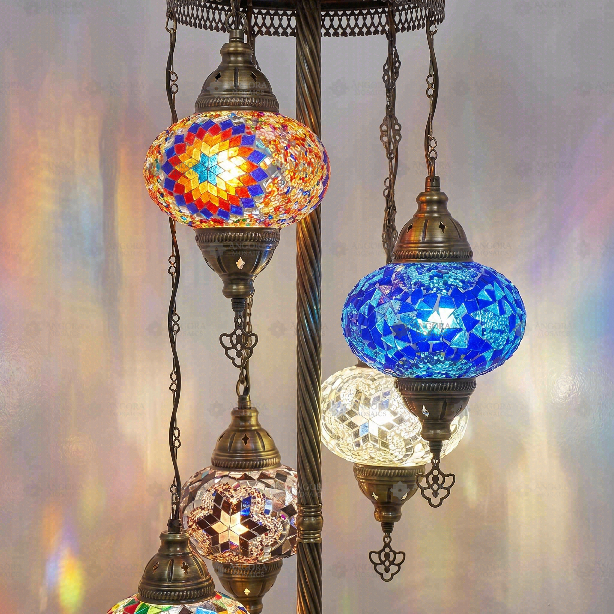 Lit close-up of mosaic glass globe — Cool Tones floor lamp glowing (LMD5N3 (05-15-17-18-19))