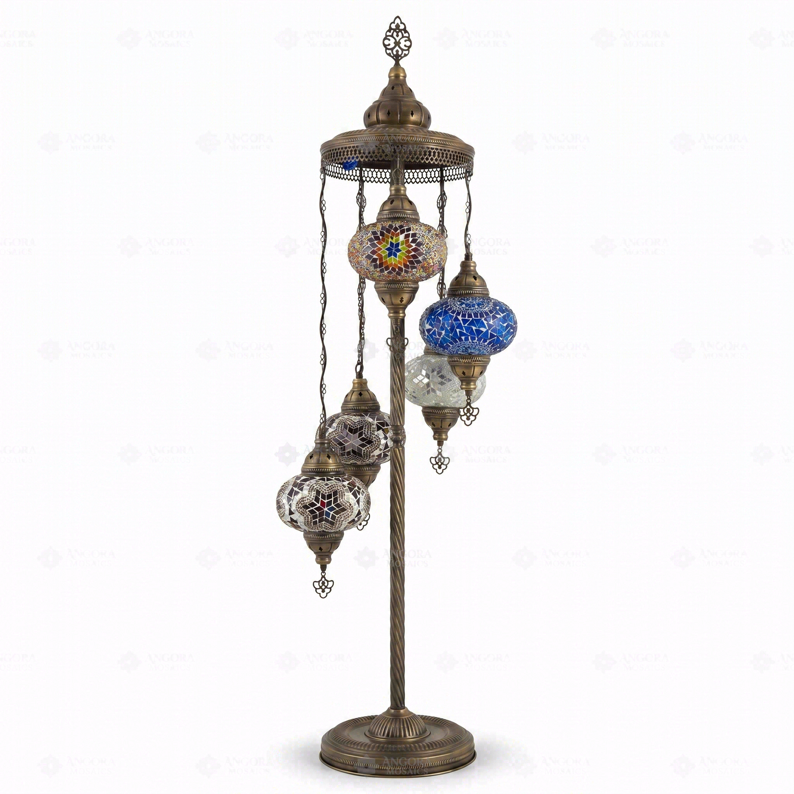 Full view of handmade Cool Tones mixed cool Turkish mosaic floor lamp on white background (LMD5N3 (05-15-17-18-19))