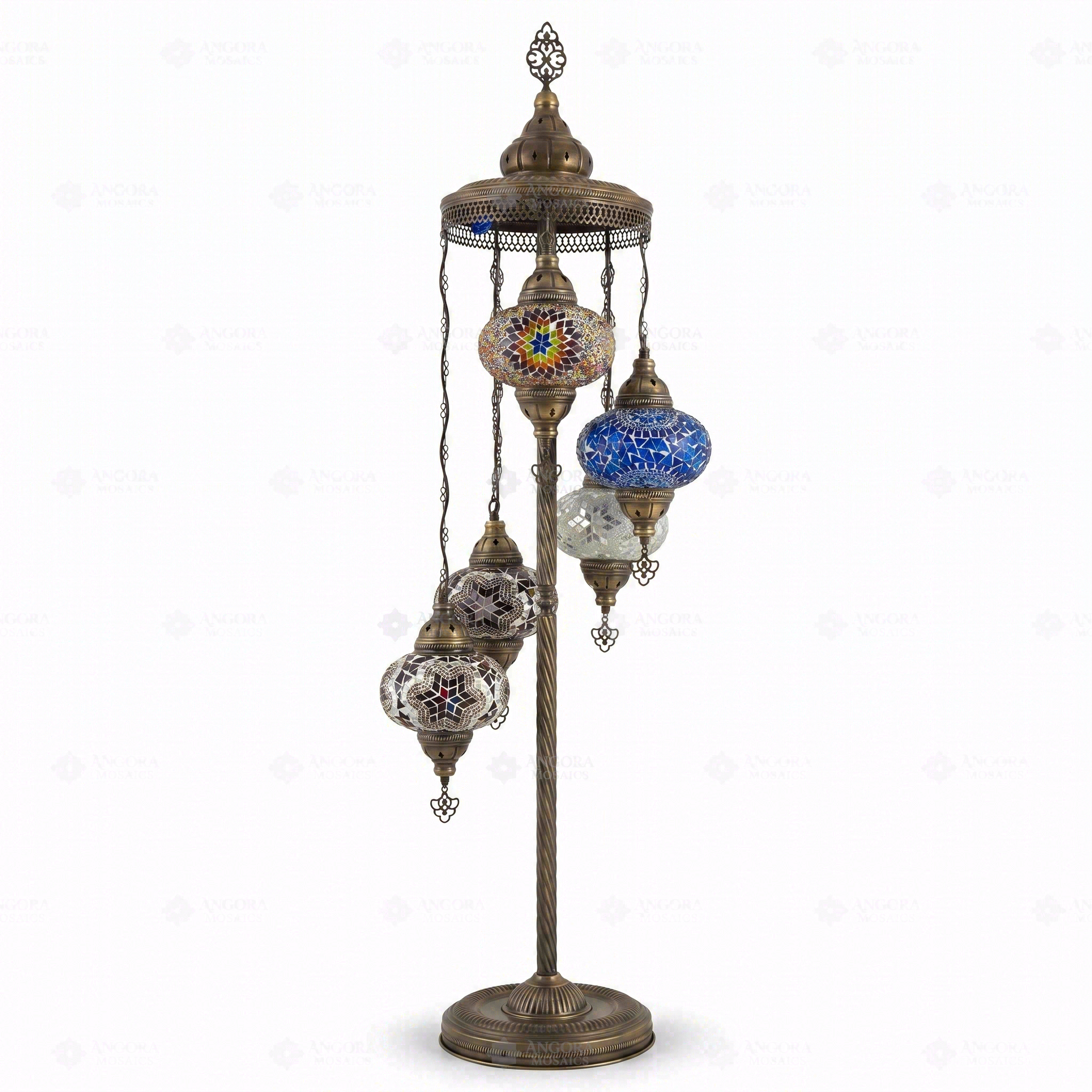 Full view of handmade Cool Tones mixed cool Turkish mosaic floor lamp on white background (LMD5N3 (05-15-17-18-19))