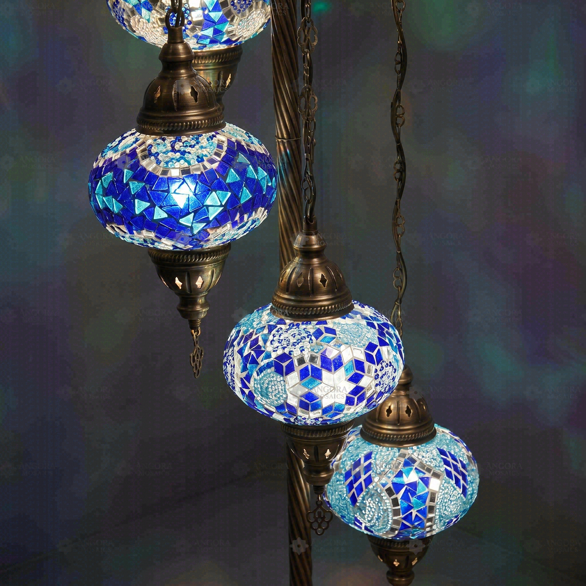 Lit close-up of mosaic glass globe — Blue floor lamp glowing (LMD5N3 (05-28-32-34-53))