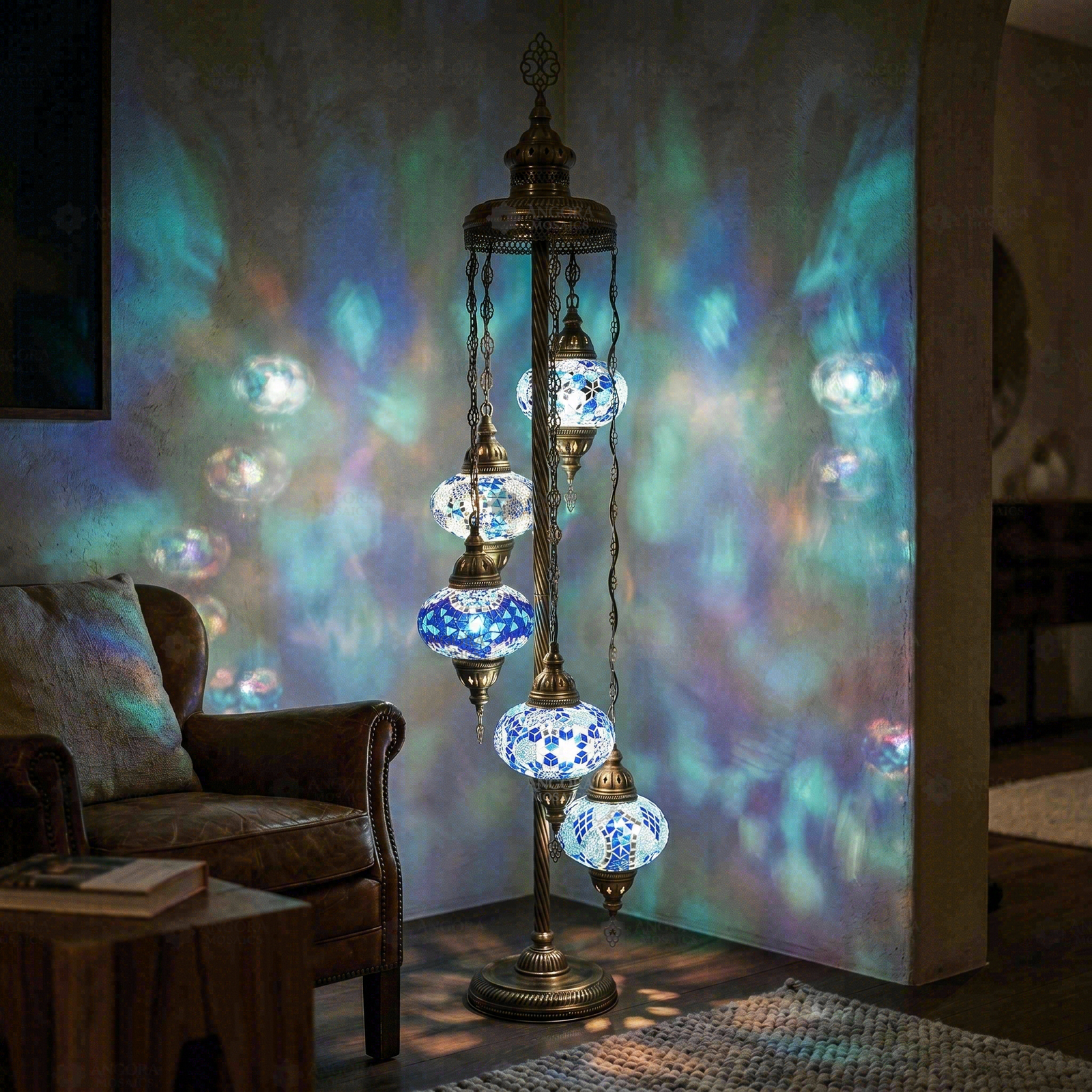 Blue blue jewel Turkish mosaic floor lamp in styled room — handmade Moroccan floor lamp (LMD5N3 (05-28-32-34-53))