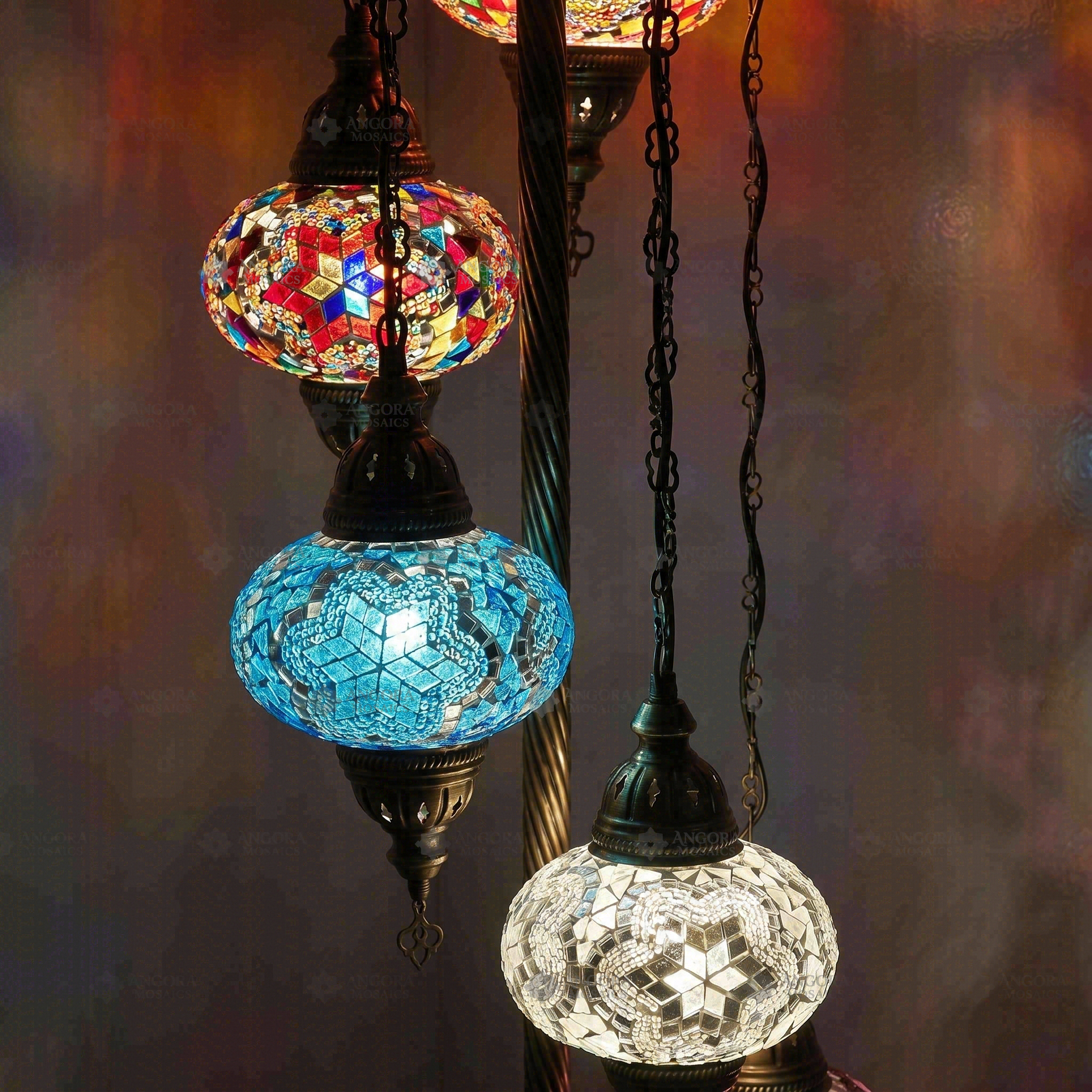 Lit close-up of mosaic glass globe — Multicolor floor lamp glowing (LMD5N3 (11-15-16-17-19))