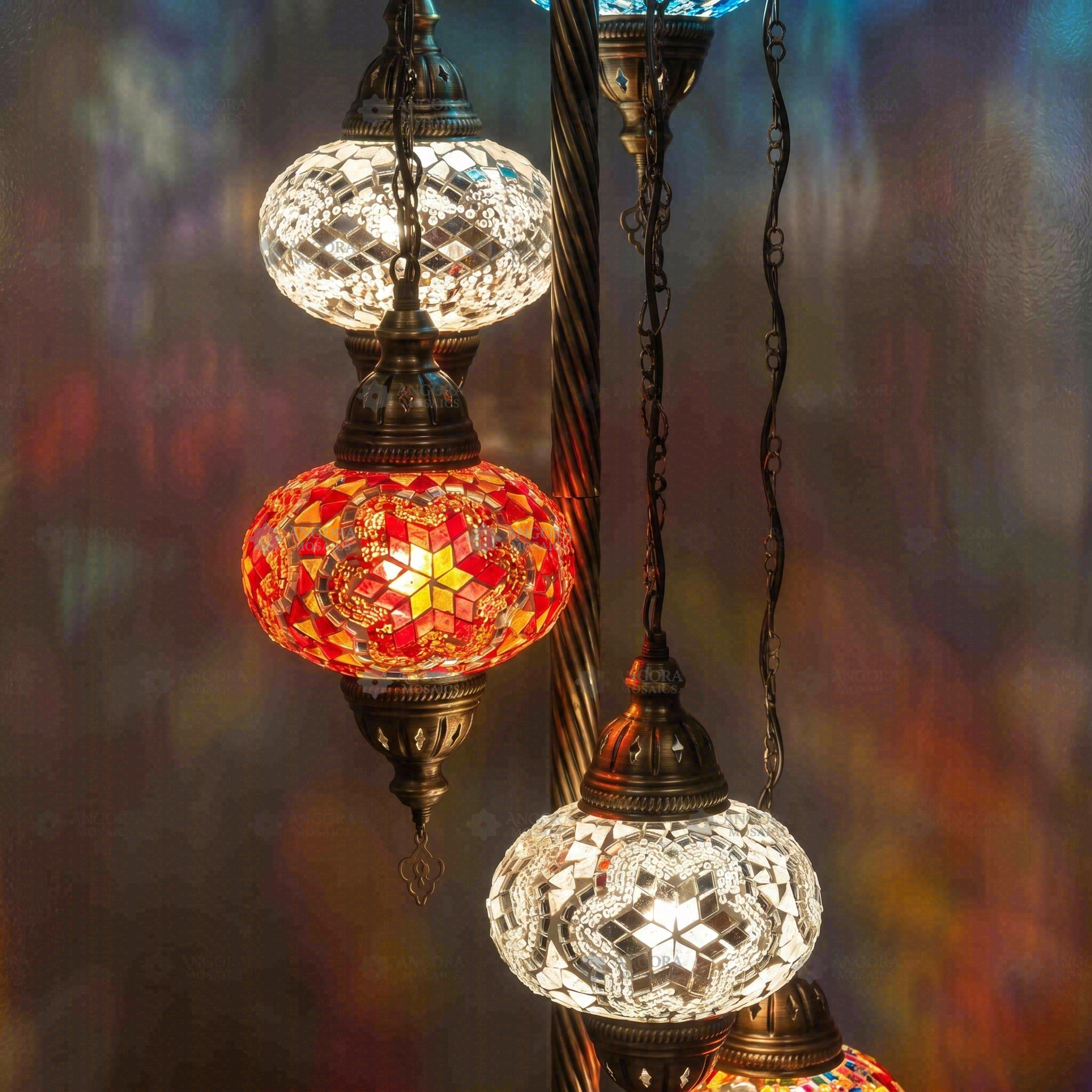 Lit close-up of mosaic glass globe — Multicolor floor lamp glowing (LMD5N3 (11-15-16-18-68))