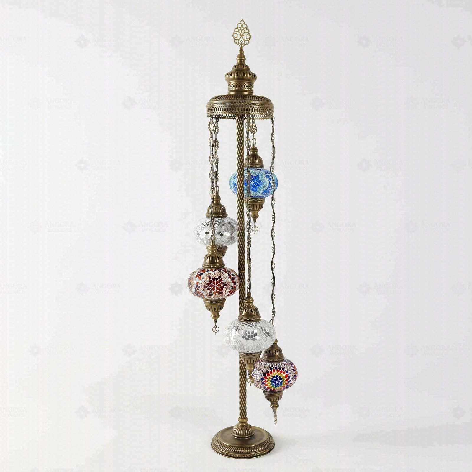 Full view of handmade Multicolor multicolor jewel Turkish mosaic floor lamp on white background (LMD5N3 (11-15-16-18-68))